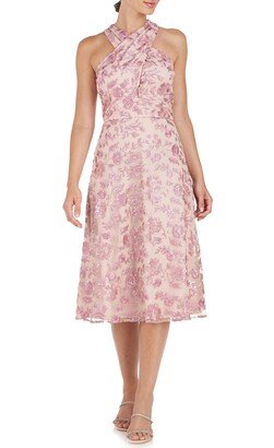 Amy Sequin Floral Halter Neck Cocktail Midi Dress