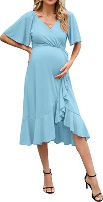 FUNJULY Womens Maternity Dress Wrap V Neck Short Sleeve Ruffle Summer Casual Backless Flowy Midi Dress Baby Shower Photoshoot Light Blue-1 M