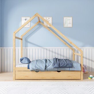 Wooden House Bed With Twin Size Trundle-AA