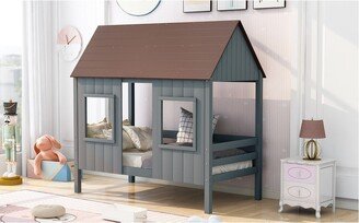 Twin Size Low Loft Wood House Bed with Two Front Windows