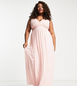 TFNC Plus Bridesmaid wrap front chiffon maxi dress with embellished shoulder detail in whisper pink