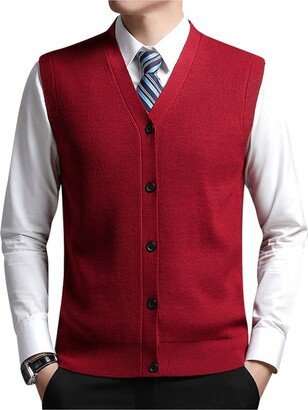 UNeedVog Knitted Vest for Men V-Neck Sleeveless Cardigan Waistcoat Casual Business Knitted Tank Tops Wine Red