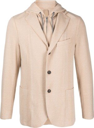 Hooded Herringbone Single-Breasted Blazer