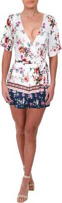 Juniors Womens Surplice Floral Print Romper