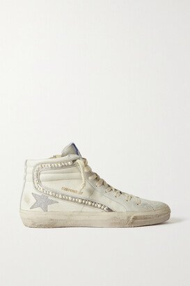 Slide Embellished Distressed Glittered Leather And Suede High-top Sneakers - White