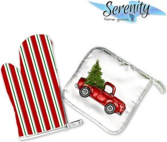 Christmas Red Truck | Decorative Kitchen Hot Plate Pot Holder Oven Mitt Set Green White