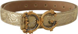 Yellow Gold Jaquard Leather Logo Metal Buckle Women's Belt