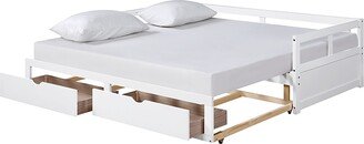 Calnod Wooden White Daybed with Trundle Bed and Two Storage Drawers, Extendable Bed Daybed, Sofa Bed for Bedroom and Living Room