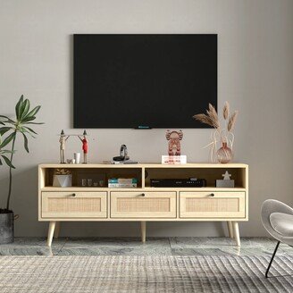 EDWINRAYLLC Elegant Natural Rattan TV Console TV Stand with Large Storage Space and Solid Wood Legs Entertainment Center Storage Rack Locker