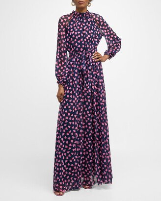 Gathered Waist Heart Printed Gown with Tie Neck