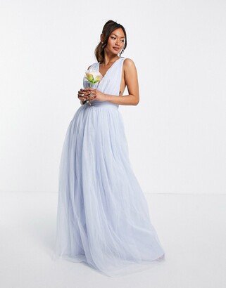 tulle plunge maxi dress with bow back detail in powder blue