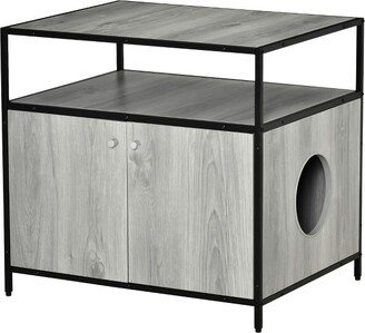 Wooden Cat Litter Box Enclosure, Multipurpose Anti-Tracking Pet Kitten House, Indoor End Table with Magnetic Doors & Storage Shelves, gray