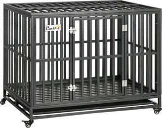 Heavy Duty Dog Crate Metal Kennel and Cage Dog Playpen with Lockable Wheels, Slide-out Tray and Anti-Pinching Floor-AA