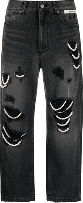 Faux-Pearl Embellished Cotton Jeans