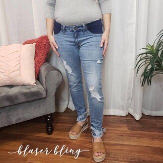 Distressed Denim Maternity Jeans In Light-Wash