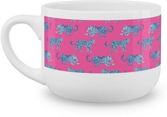 Mugs: Tiny Leopard Parade - Blue On Hot Pink Latte Mug, White, 25Oz, Pink