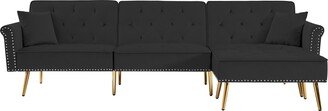 GEROJO Modern Velvet Reversible Sectional Sofa Bed, L-Shaped Couch with Movable Ottoman&Nailhead Trim for Living Room-AA