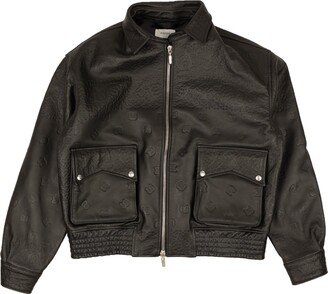 Black Leather Embossed Blouson Suiting Jacket