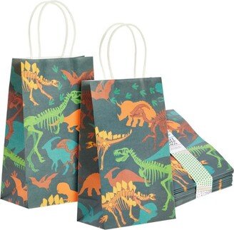 Blue Panda 24 Pack Dinosaur Goody Bags with Handles, 5.3x3.2x9 Inch for Kids Birthday, Party Favors, Treats, Fossil Print Design