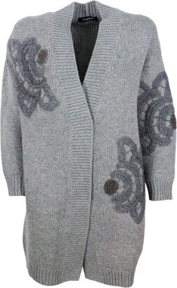 Long-sleeved Cardigan Sweater With Button In Platinum Wool, Alpaca, Silk And Cashmere Yarn With Embroideries And Beaded Jewel Chains