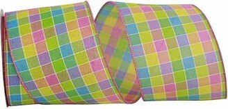 Blue Yellow Green And Pink Checked Wired Ribbon