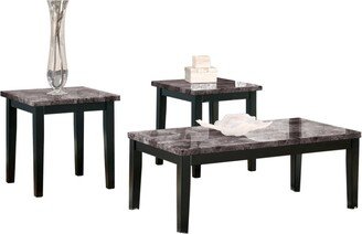 Faux Marble Top Table Set with Tapered Wooden Legs, Set of Three, Black and Gray