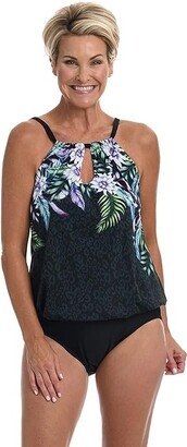 Women's High Neck Keyhole Blousan Mio One Piece Swimsuit (Black/Fiji Floral) Women's Swimsuits One Piece