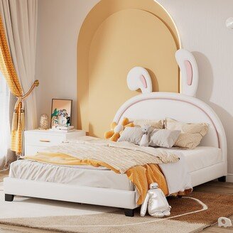 RASOO Full Size Upholstered Leather Platform Bed with Rabbit Ornament and Easy Assembly-AA