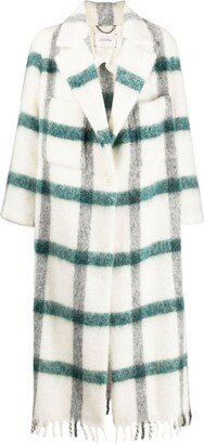 Check-Pattern Fringed Wool Coat