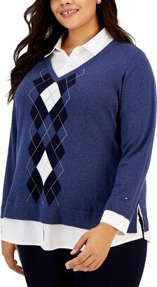 Plus Size Cotton Argyle Layered-Look Sweater