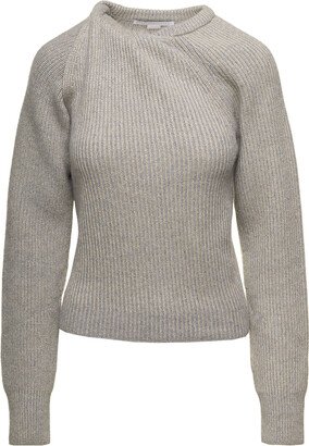 Grey Ribbed Jumper With Knot Detail In Cashmere Blend Woman