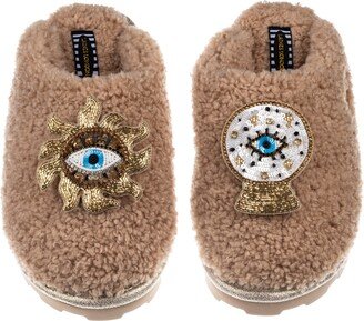 Laines London Teddy Towelling Closed Toe Slippers With Mystic Eyes Brooches - Toffee