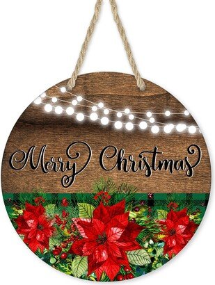 Merry Christmas Poinsettias Round Printed Handmade Wood Sign