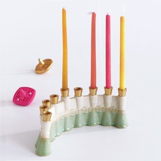 Hanukkah Menorah Modern Judaica -Ooak Early Bird Contemporary Chanukah Gift -3D Printed Clay -Wavy in White & Mint Glaze