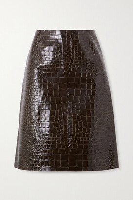 Wile Glossed Croc-effect Leather Midi Skirt - Brown