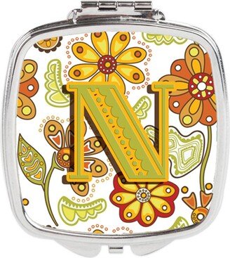 CJ2003-NSCM Letter N Floral Mustard & Green Compact Mirror