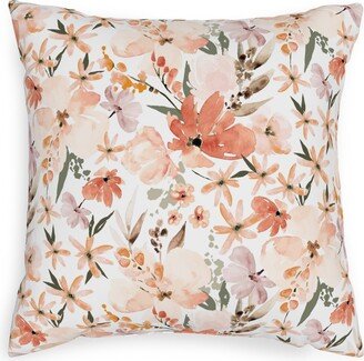 Outdoor Pillows: Earth Tone Floral Summer In Peach & Apricot Outdoor Pillow, 20X20, Single Sided, Pink