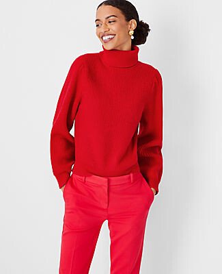 Ribbed Turtleneck Puff Sleeve Sweater