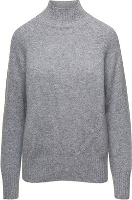 Grey Mockneck Sweater with Ribbed Trim in Cashmere Woman