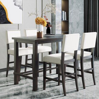 GREATPLANINC 5-Piece Counter Height Dining Set, Natural Textured Rectangle Dining Table and Nail-head Trimed Velvet Dining Chairs