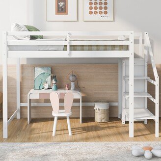 Full Size Loft Bed with Built-in Storage Wardrobe and Staircase