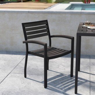 Lancaster Home Set of 2 Stackable All-Weather Aluminum Patio Chairs with Faux Teak Slats