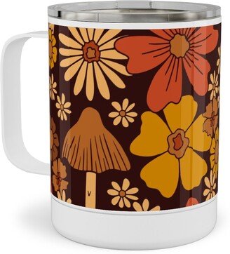 Travel Mugs: Retro 1970S Mushroom & Flowers - Brown And Orange Stainless Steel Mug, 10Oz, Orange