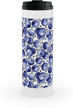 Travel Mugs: Watercolor Blueberries Stainless Mug, White, 16Oz, Blue