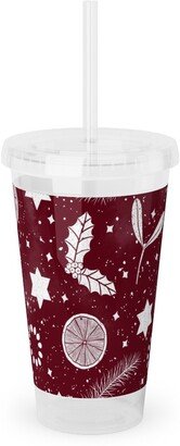 Travel Mugs: Festive Christmas Print Stars, Mistletoe, Orange, Holly And Pine Branch On Burgundy Acrylic Tumbler With Straw, 16Oz, Red