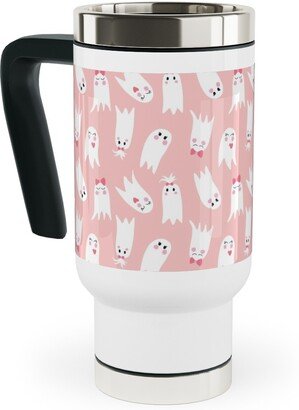 Travel Mugs: Sweet White Ghosts On Pink Travel Mug With Handle, 17Oz, Pink