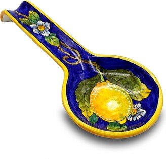 Italian Ceramic - Spoon Rest Holder For Kitchen Counter Hand Painted Holder- Made in Italy Pottery Lemon Blue Decorated