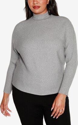Size Embellished Neck Ribbed Dolman Sweater