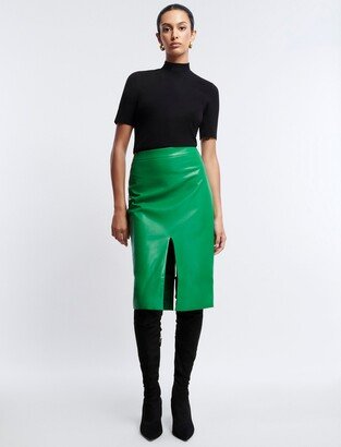 Front Slit Faux Leather Midi Skirt