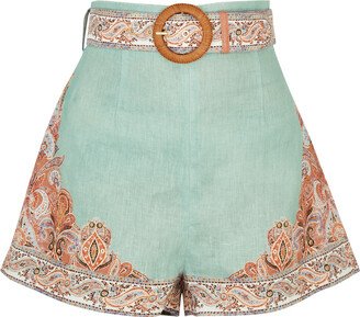 Devi Tuck Printed Linen Shorts, Shorts, Green